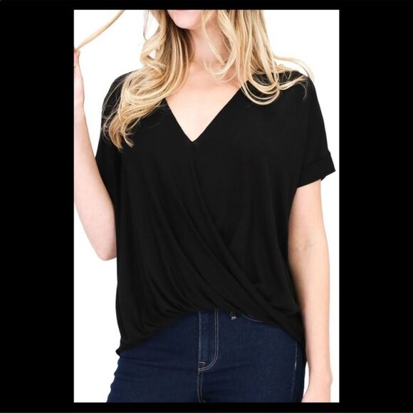 Black Wrap Surplice V Neck Asymmetrical Top Small S - Picture 1 of 3